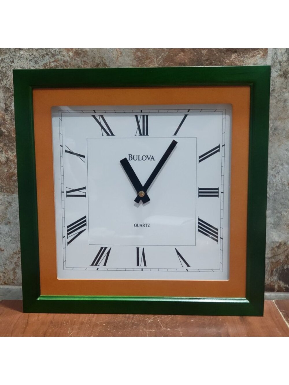 Vintage Bulova Quartz Wall Clock Square Green Orange Frame